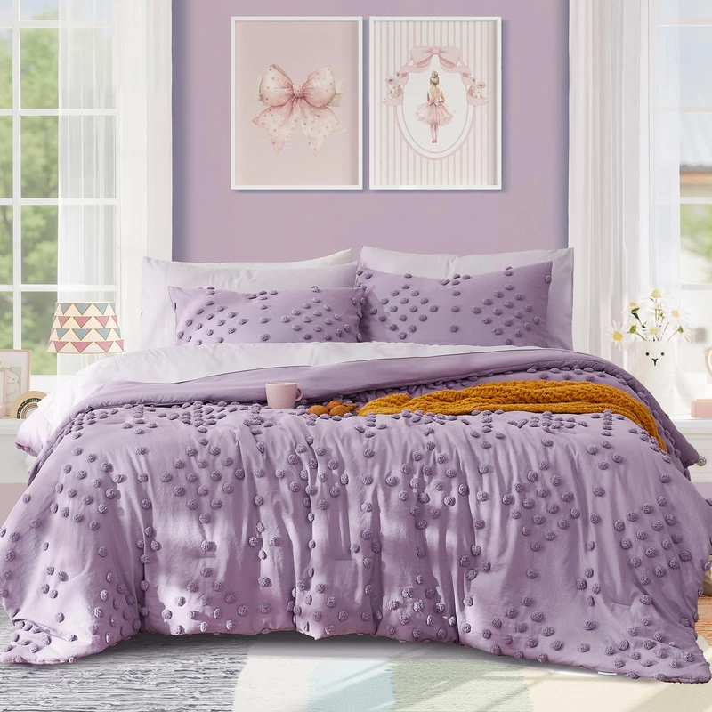 Geniospin Purple Full Comforter Set for Girls- 7 Pieces Pom Tufted Bed in A Bag Full Bedding Sets with Sheets, Pillowcases & Shams, All Season Kids Comforter Set