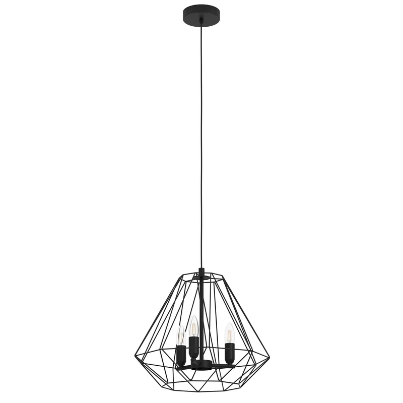 Eglo Chandelier Tarle, 3 lamp Pendant Lighting, Diamond-Shaped Ceiling Light Fitting, Vintage Hanging lamp for Dining and Living Room, Black Metal, E14 Socket