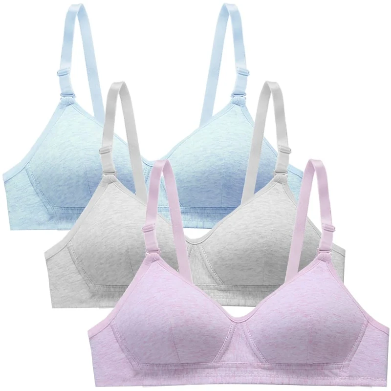 Sunvivid 3-Pack Teen Wire-Free Cotton Sports Bra - Adjustable Straps