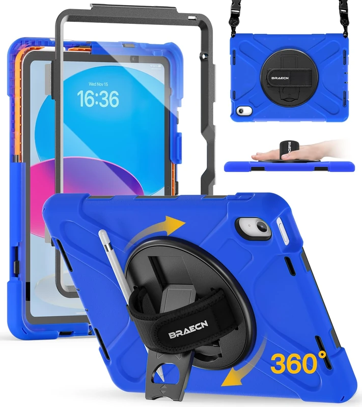 BRAECN for iPad (A16)11th/10th Generation Case 11/10.9 inch 2025/2022 Heavy Duty Shockproof Protective with Pencil Holder Screen Protector 360°Rotating Stand Handle & Shoulder Strap Full Body Cover
