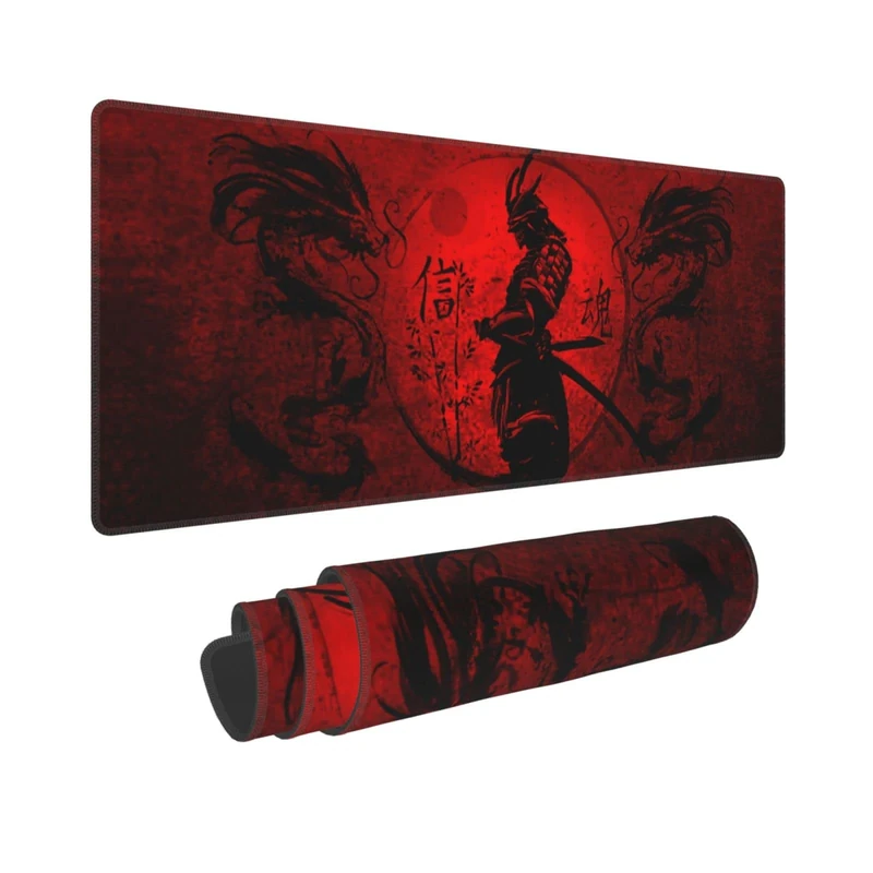 Japanese Samurai Cool Anime Red and Black Dragon Mouse Pad XL Extended Desk Mat, Non Slip Rubber Base Stitched Edge Gaming Pc Desktop Large Mice Pad,31.5 x 11.8 Inch