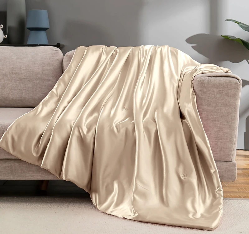 Vonty Satin Throw Blanket Taupe 90x90 Inches (With Small Flowers), Cooling & Silky, Wrinkle-Free Cable Knit Big Size for Couch, Sofa, Bed, Outdoor