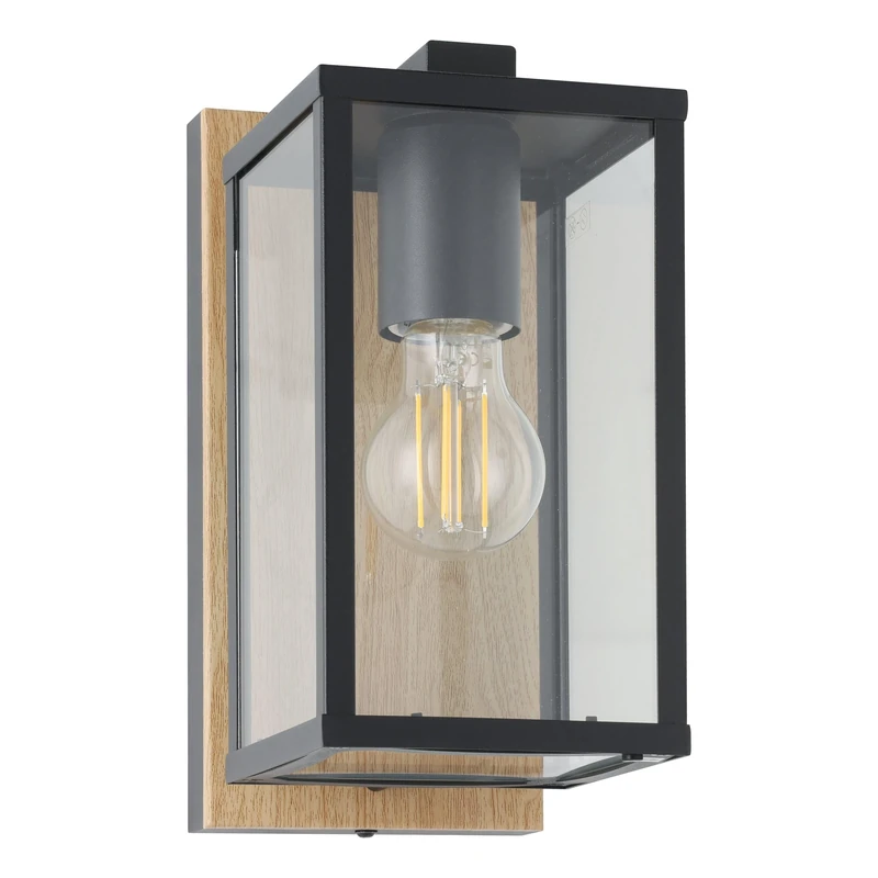 Eglo Outdoor Wall lamp Budrone, Outside Porch Lighting, Vintage Porch Lighting, Made of Metal in Black and Wood Look, Glass in Transparent, E27 Socket, IP44