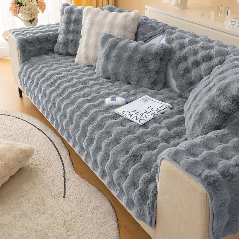 XSlive Soft Warm Faux Fur Couch Sofa Cover Thick Shaggy Fuzzy Sectional Couch Cover Non-Slip Solid Color Plush Sofa Slipcover Furniture Protector for Kids, Pets (Dark Grey,43"x63")
