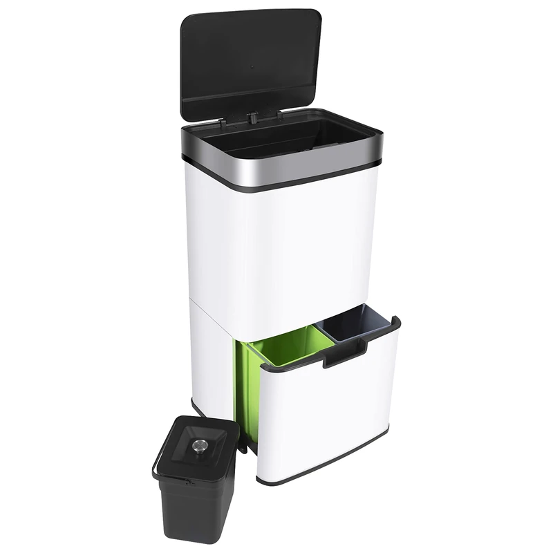 Ribelli Stainless Steel - Waste Separation Systems with 3 + 1 Compartments - Rubbish Bin with Sensor - 72 Litres (2 x 12 + 1 x 48 L) - Design Pedal Bin Made of Stainless Steel - White