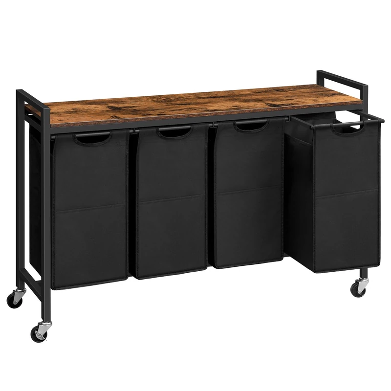 HOOBRO Laundry Basket with 4 Compartments, Laundry Hamper with Shelves, Pull-Out and Removable Bags, 4 x 39.8L, 110.5 x 33 x 74.5 cm, Rustic Brown and Black EBF04XY01