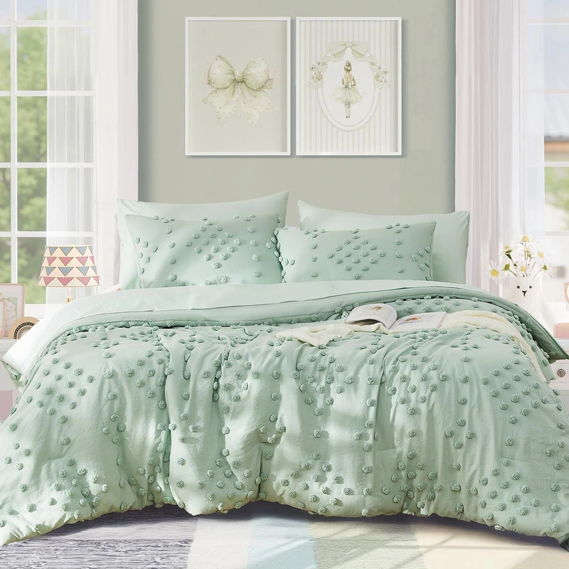 Geniospin Sage Green Full Comforter Set for Girls- 7 Pieces Pom Tufted Bed in A Bag Full Bedding Sets with Sheets, Pillowcases & Shams, All Season Kids Comforter Set