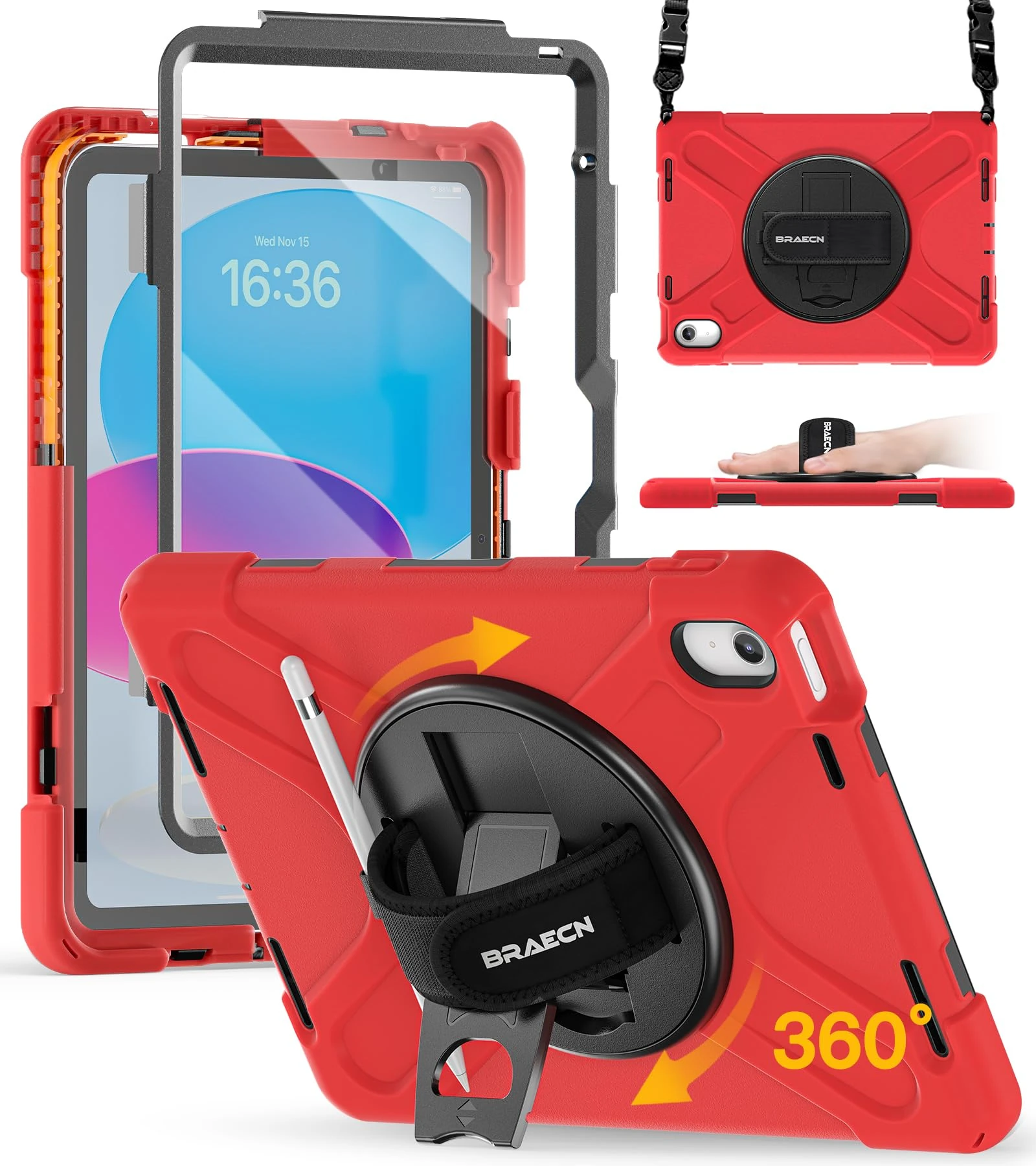 BRAECN for iPad (A16)11th/10th Generation case 11/10.9 inch 2025/2022 Heavy Duty Shockproof Protective with Pencil Holder Screen Protector 360°Rotating Stand Handle & Shoulder Strap Full Body Cover