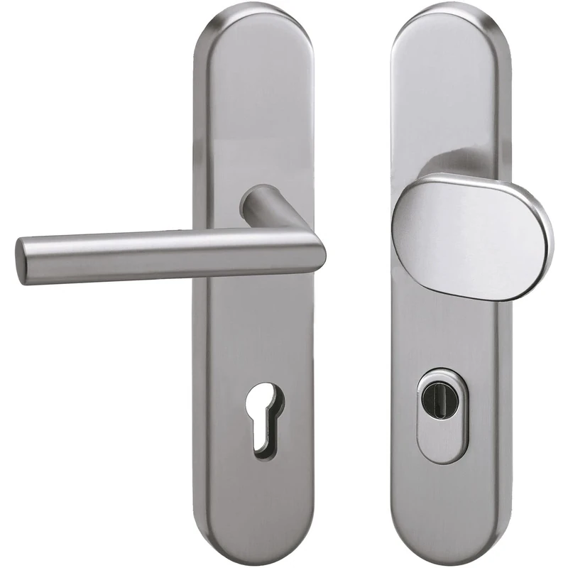 GRUNDMANN 117488 Silver 2552 Changeover Fitting Mitre on Long Plate PZ 88 with Core Protection, Door Handle and Door Knob ÖNORM, Anodised Aluminium