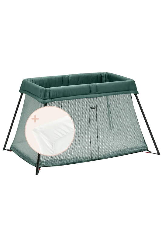 BabyBjörn Light Travel Cot with Fitted Sheet, Dark Green/Cotton, White, 1.0 Count