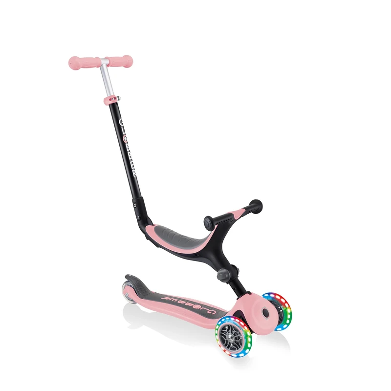 Globber Go Up Foldable 3 Wheel Folding Scooter and Ride On with Light Up Wheels - 15 Months to 7 Years, Kids Toddler Scooter for Boys and Girls with removable seat 2 Year Warranty (Pastel Pink)