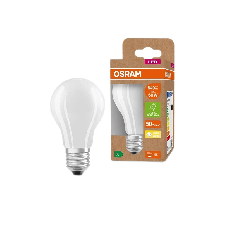 OSRAM LED Energy Saving lamp, Frosted Glass Bulb, E27, Warm White (3000K), 4 watts, Replaces 60W Bulb, Highly efficient and Energy-Saving, Pack of 6