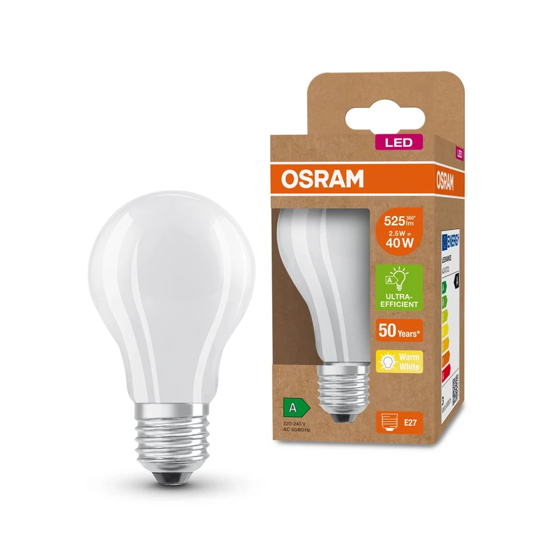 OSRAM LED Energy Saving lamp, Frosted Bulb, E27, Warm White (3000K), 2.5 watts, Replaces 40W Bulb, Highly efficient and Energy Saving, Pack of 6