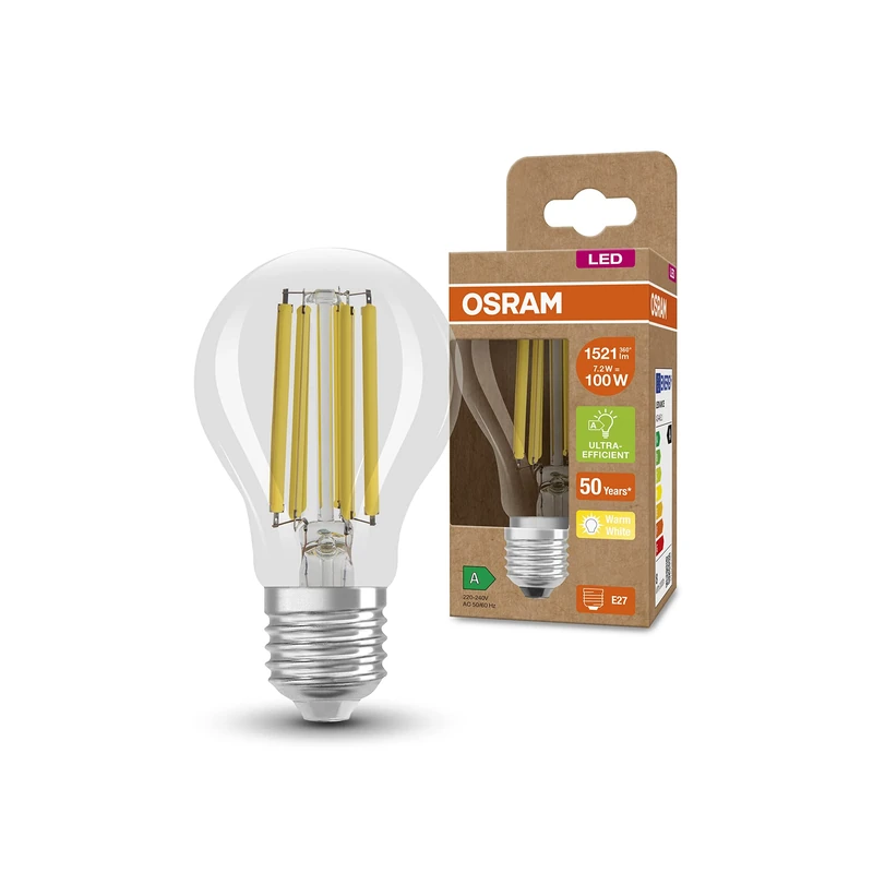 OSRAM LED Energy Saving lamp, Filament Bulb, E27, Warm White (3000K), 7.2 watts, Replaces 100W Bulb, Highly efficient and Energy Saving, Pack of 6