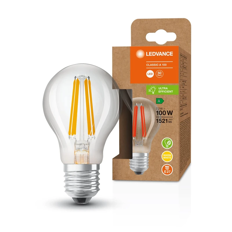 LEDVANCE Energy Saving Bulb, Filament Bulb, E27, Warm White (3000K), 7.2 watts, Replaces 100W Bulb, Highly efficient and Energy Saving, Pack of 6
