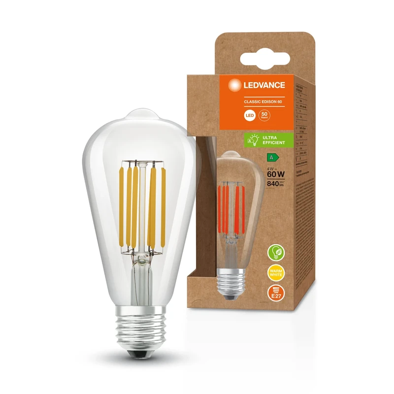 LEDVANCE LED Energy Saving lamp, Edison Filament, E27, Warm White (3000K), 4 watts, Replaces 60W Bulb, Highly efficient and Energy-Saving, Pack of 6