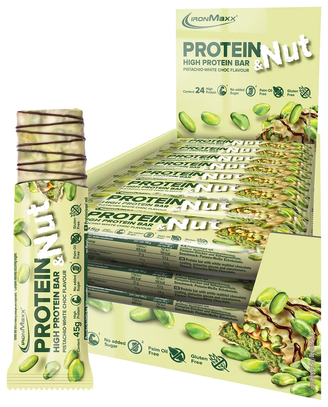 IronMaxx Protein and Nut Protein Bar, Pistachio White Choc 24 x 45g, High Protein bar with Real Pistachios, Protein bar Gluten-Free, Without Added Sugar and Palm Oil-Free