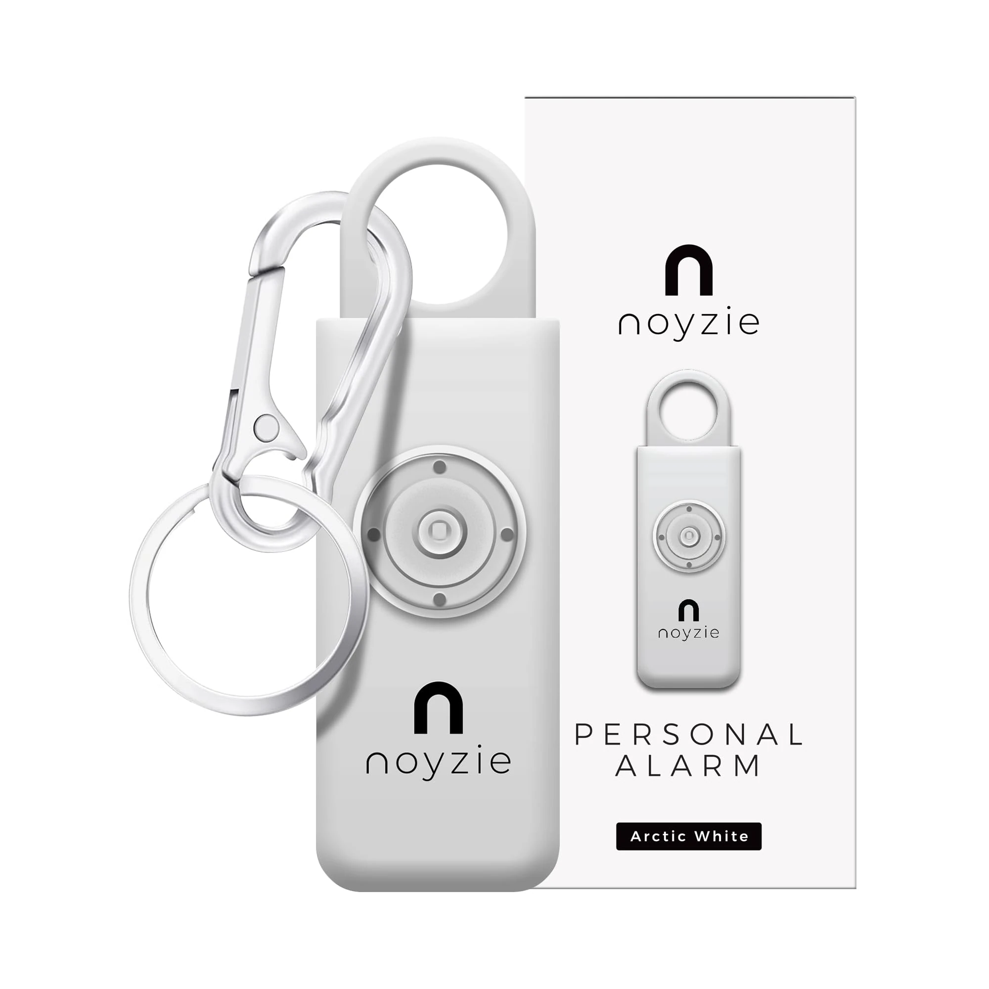 Personal Alarm NOYZIE Personal Safety Alarm with LOUD 125db Siren and 200-Lumen Strobing LED Light - Self Defence Rope Alarm Keyring Keychain for Women, Men, Elderly & Dog Walkers (White)