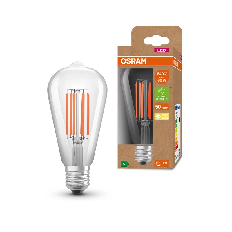 OSRAM LED Energy Saving Lamp, Edison Filament, E27, Warm White (3000K), 4 watt, Replaces 60W Bulb, Highly efficient and Energy Saving, Pack of 6