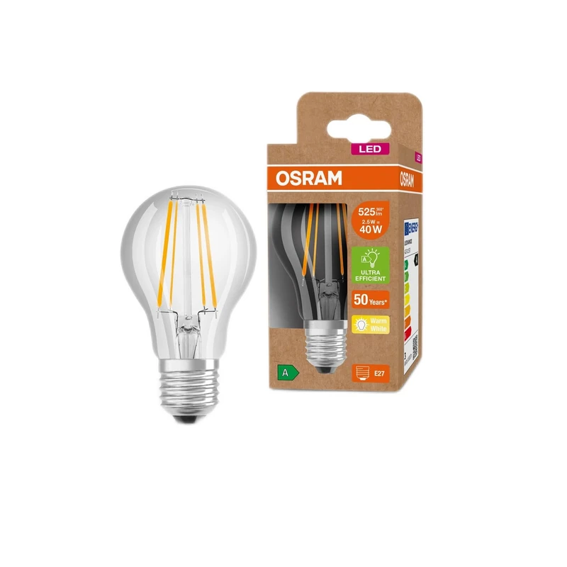 OSRAM LED Energy Saving lamp, Glass Filament Bulb, E27, Warm White (3000K), 2.5 watts, Replaces 40W Bulb, Highly efficient and Energy Saving, Pack of 6