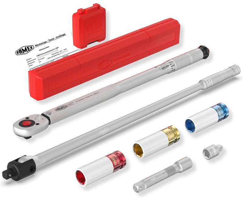 FAMEX 10905 Torque Wrench Car Tyre Change Set 1/2 Inch (12.5 mm) - 30-210 Nm - Economy Set Including Special Inserts for Wheel Bolts - Wheel Change Set with Joint Twist Handle