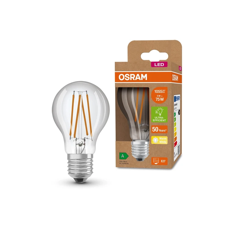 OSRAM LED Energy Saving lamp, Filament Bulb, E27, Warm White (3000K), 5 watts, Replaces 75W Bulb, Highly efficient and Energy-Saving, Pack of 6