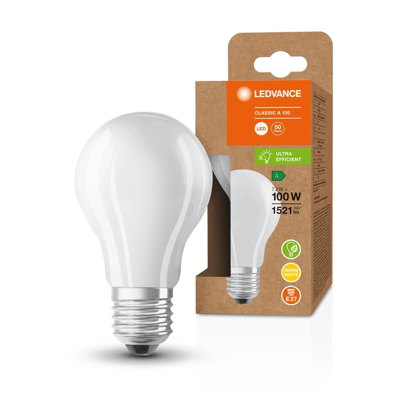 LEDVANCE Energy Saving lamp, Frosted Bulb, E27, Warm White (3000K), 7.2 watts, Replaces 100W Bulb, Highly efficient and Energy-Saving, Pack of 6
