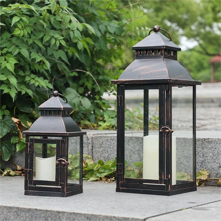 NEEDOMO Lanterns Decorative Outdoor&Indoor, Set of 2 (17"&10") Bronze Metal Lantern Decor with Glass, Candle Holder for Porch, Patio, Garden, Balcony, Wedding, Table Centerpiece Decorations