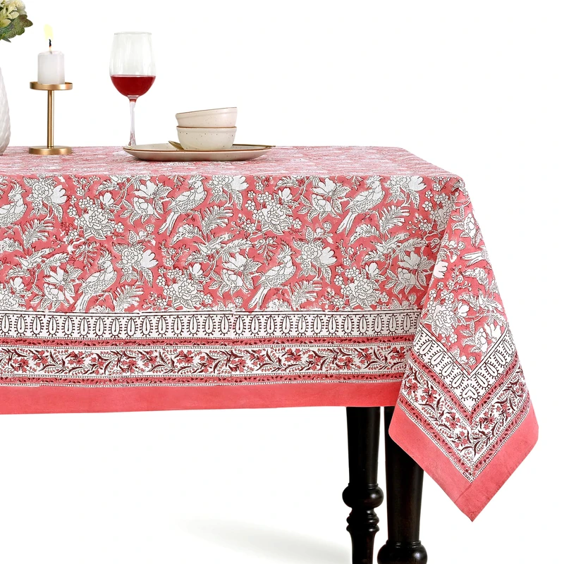 CPC COTTON PRINT CLUB Ruby Red Indian Hand Block Floral Printed 100% Pure Cotton Tablecloth, Multiple for Wedding, Christmas, Anniversary Party- 6-Seater 60x90 Inch