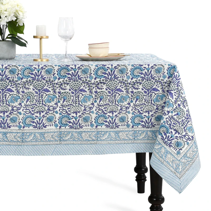 CPC COTTON PRINT CLUB Teal Grey, Aquamarine Blue Indian Hand Block Printed 100% Pure Cotton Tablecloth Table Cover for Wedding, Christmas, Housewarming Party- 8-Seater 70x10