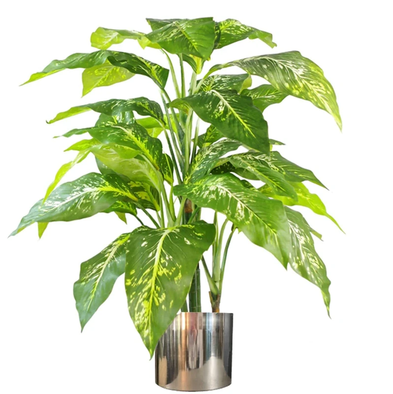 Leaf 100cm Large Fox's Aglaonema Realistic Tree Artificial Plant Metal Planter, Green, Silver, Variegated