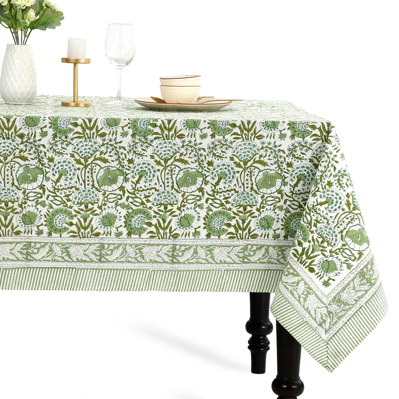 CPC - 100% Cotton Tablecloth Cover - Agate Green Indian Hand Block Printed - 6-Seater 60x90 Inch - Washable Reusable Rectangular Dining Cloth for Home, Restaurant, Hotel, Event & Everyday Use