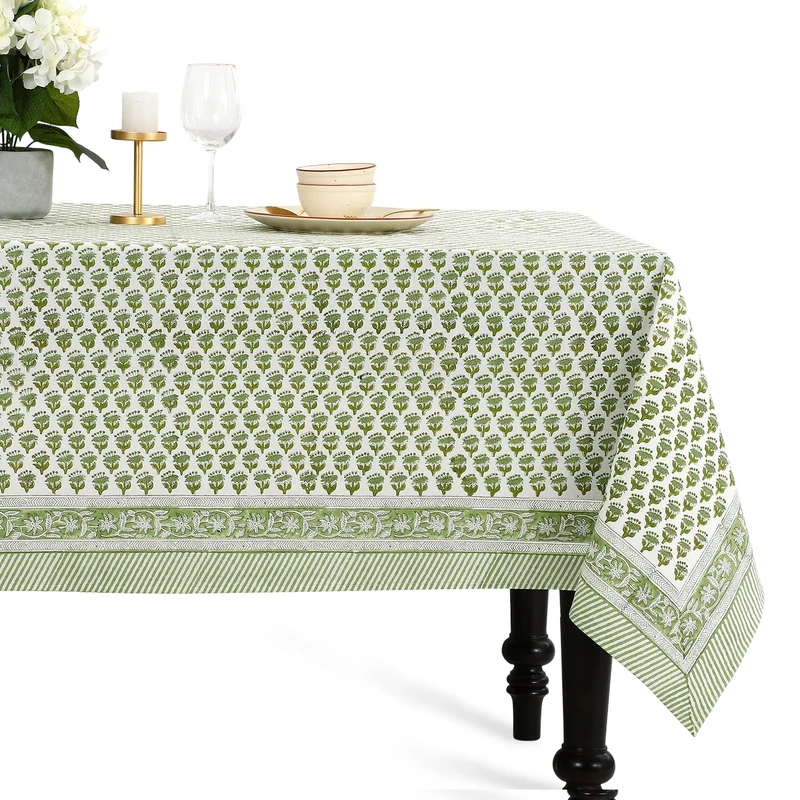 CPC - 100% Cotton Tablecloth Cover - Emerald Green Indian Hand Block Printed - 6-Seater 60x90 Inch - Washable Reusable Rectangular Dining Cloth for Home, Restaurant, Hotel, Event & Everyday Use