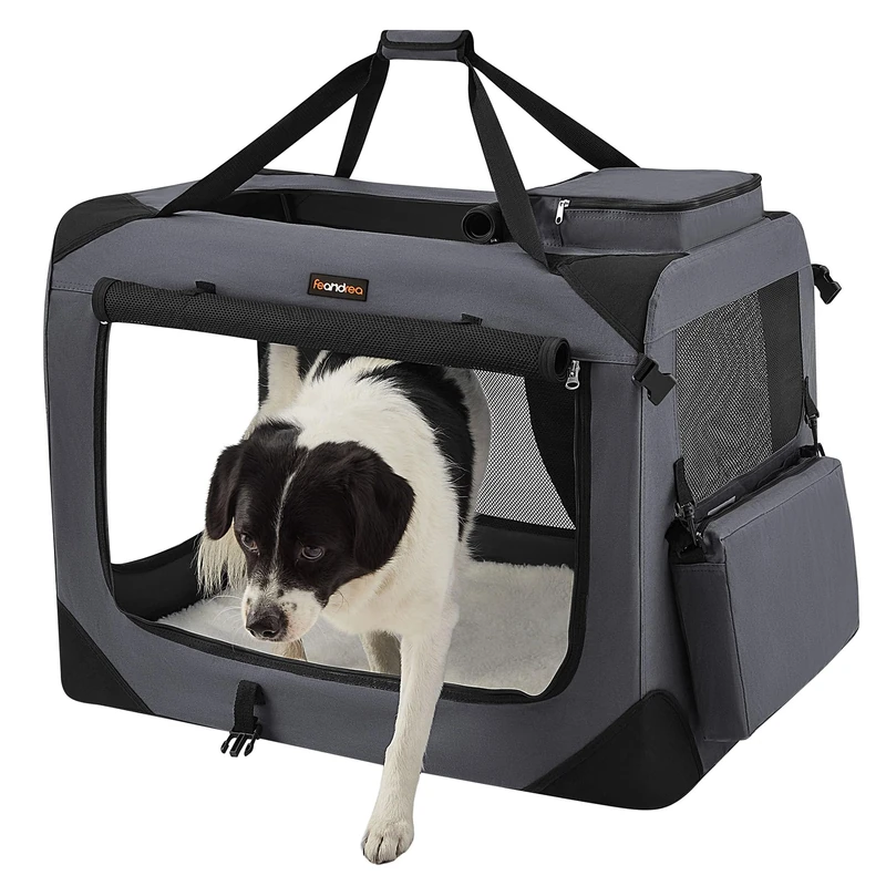 Feandrea Foldable Pet Carrier Bag, Portable Dog Travel Crate, Soft Sided Dog Cat Pet Travel Carrier Large Dog Crate for Car with Breathable Mesh and Storage Pockets, 81 x 58 x 58 cm, Grey PDC008G01