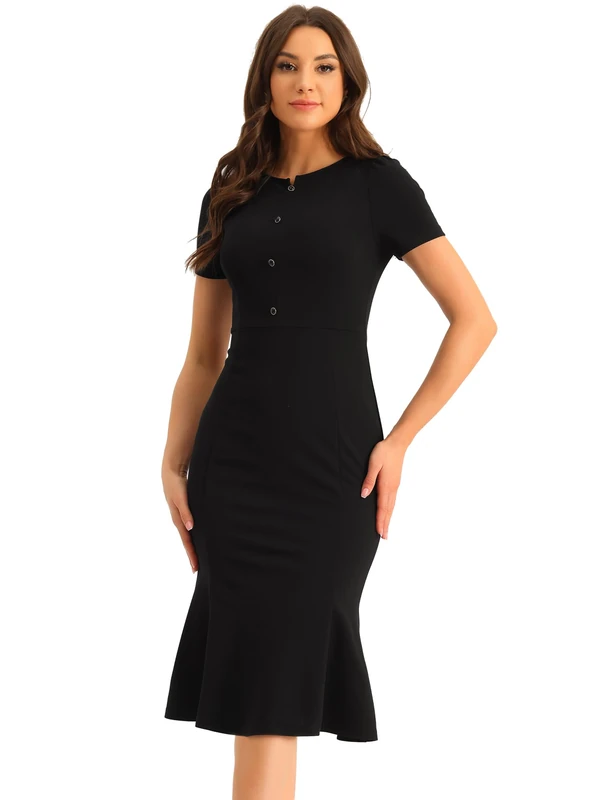 Allegra K Women's Vintage 1950s Dress Short Sleeve Mermaid Bodycon Work Dresses, Black, XS
