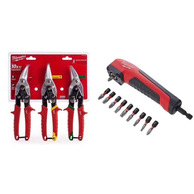 Milwaukee 48224533 Snips Promo Set of 3 & 4932471274 Shockwave Impact Duty Right Angle Attachment 11 Piece