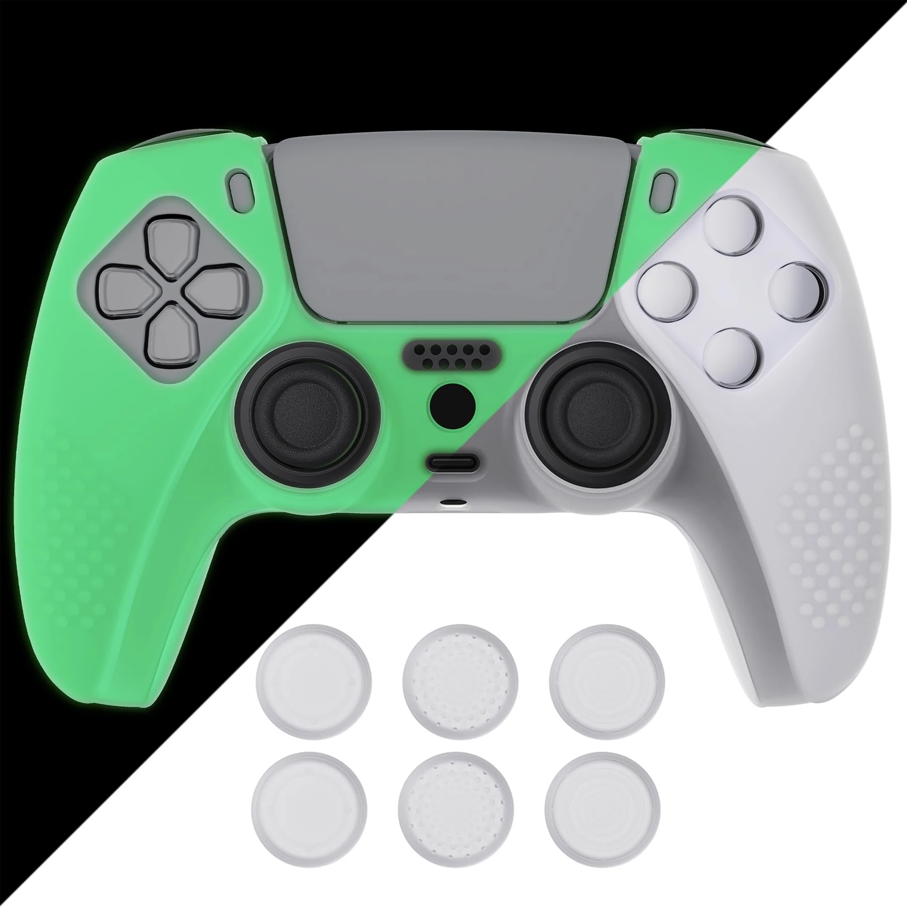 eXtremeRate PlayVital 3D Studded Edition Silicone Cover Skin for ps5 Wireless Controller, Controller Skin Cover Rubber Protector with Thumb Grip Caps - Glow in Dark Green