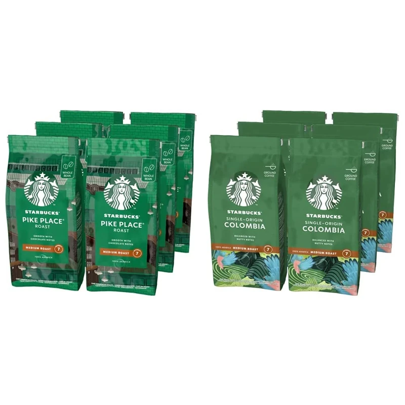 STARBUCKS Pike Place Roast, Medium Roast, Whole Bean Coffee 200g (Pack of 6) & Single-Origin Colombia Medium Roast Ground Coffee, 200 g (Pack of 6)
