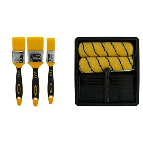 Coral 31416 Zero Paint Brushes with No Loss of Bristle Paintbrush Heads 3 Piece Pack Set & 43101 Task Partner Paint Roller Kit with HEADLOCK Frame and Polyester Covers 9 inch 1.5" dia 4 piece pack set