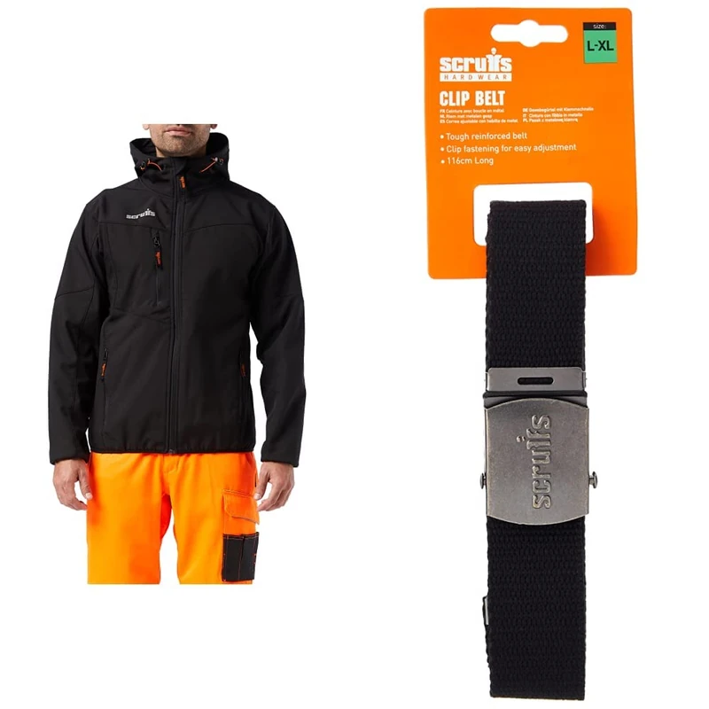 Scruffs Worker Softshell Water-Resistant Jacket Black L (T54852) & T50304 Cotton Adjustable Clip Belt Black One Size