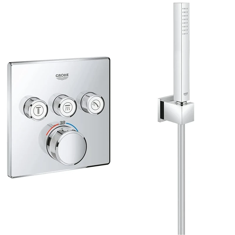 GROHE 29126000 | Grohtherm SmartControl Thermostat Concealed | Square | 3 Valves & 27703000 | Euphoria Cube Stick Hand Shower Bath Set | 1 Spray