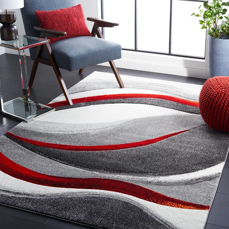 Safavieh Hollywood Collection Contemporary Rug for Living Room Dining Room Bedroom Short Pile Grey and Red 63 x 90 Inch
