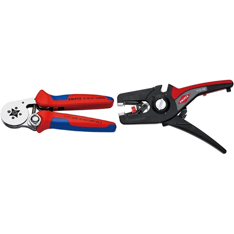 KNIPEX Self-Adjusting Crimping Pliers for Wire ferrules with lateral Access (180 mm) 97 55 04 SB (self-Service Card/Blister) & PreciStrip16 Automatic Insulation Stripper (195 mm) 12 52 195 SB