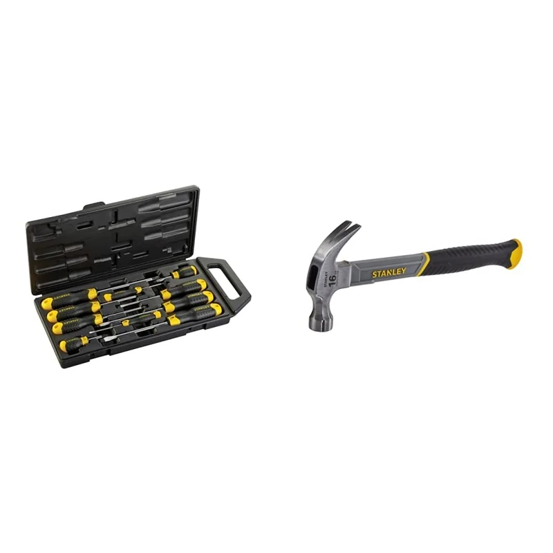 Stanley 2-65-005 PH"Cushion Grip" Screwdriver, Multi-Colour, Set of 10 Piece & STHT0-51309 16oz Fiberglass Curved Claw Hammer, 450g