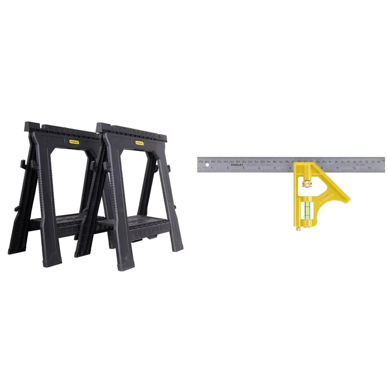 STANLEY Folding Work Bench Saw Horse Twin Pack, Lightweight Rigid Plastic Frame, STST1-70713 & 2-46-028 Combination Die Cast Square, 300mm/ 12''