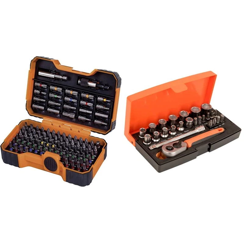 Bahco BH59/S100BC 100 Pcs Bit Set for Slotted, Phillips, Pozidriv, Hexagon, Robertson nd Coloured TORX,TORX Tamper, Head Screws & SL25 Ratchet Socket Set, Metric 1/4" Drive, 25 Pieces