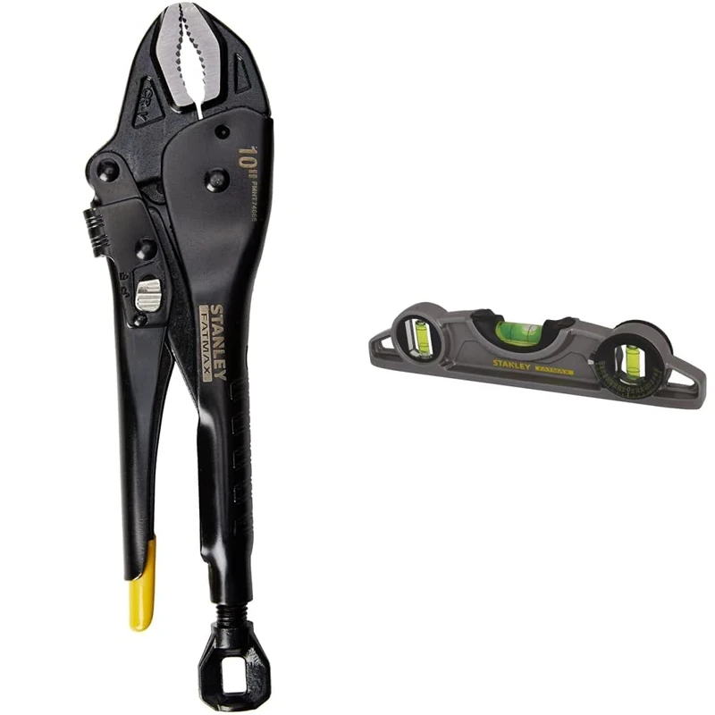 STANLEY FMHT0-74886 Fatmax Locking Mole Grip 250mm Curve Jaw Pliers, Black & FATMAX Xtreme Torpedo Level Heavy Duty Aluminium Body and Magnetic Base Including 3 Reversible Vials 0-43-609