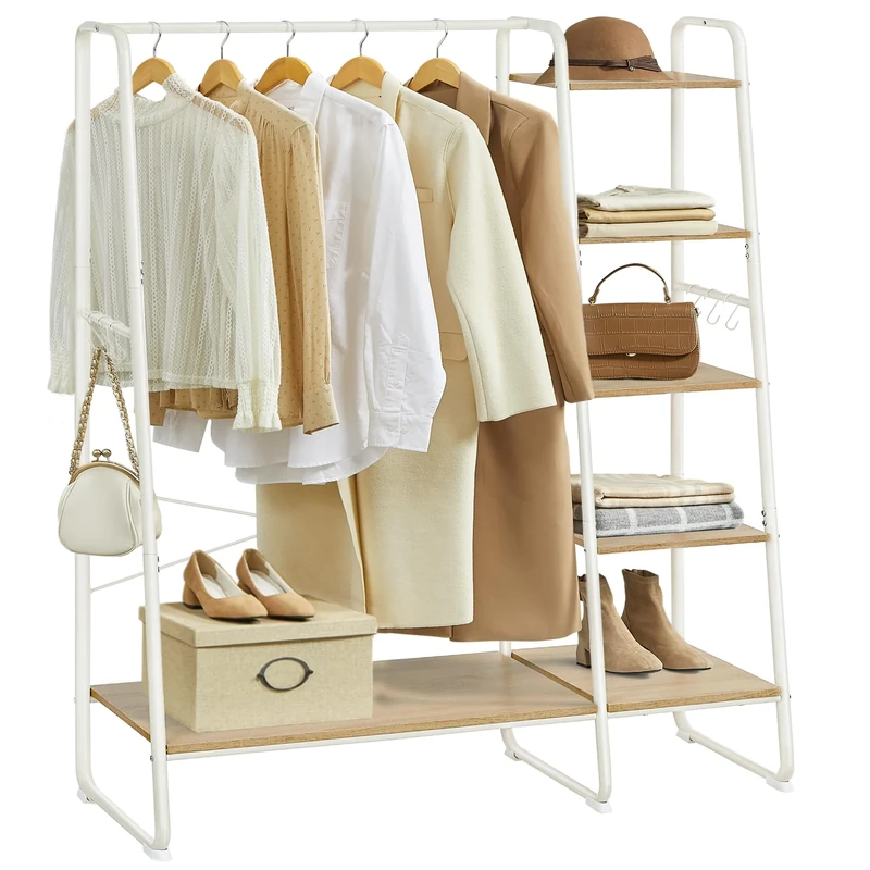 VASAGLE Clothes Rail, Clothes Rack with Shoe Shelf, 5-Tier Storage Rack, 6 Side Hooks, for Bedroom, Living Room, Natural Oak and White RGR116W09