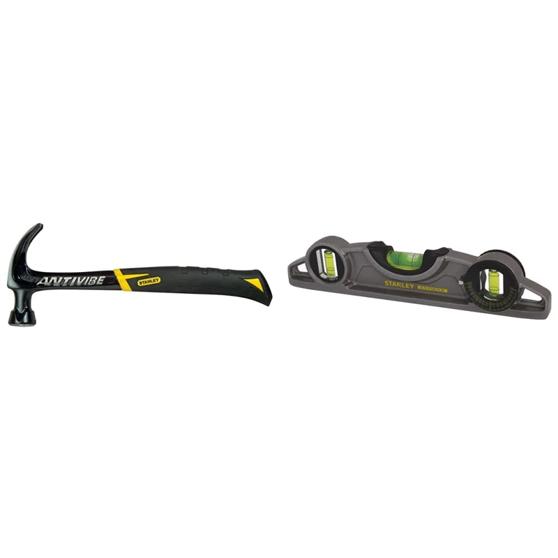 Stanley FMHT1-51275 1FatMax XL AVX Curve Claw Hammer & FATMAX XTREME Torpedo Level Heavy Duty Aluminium Body and Magnetic Base Including 3 Reversible Vials 0-43-609