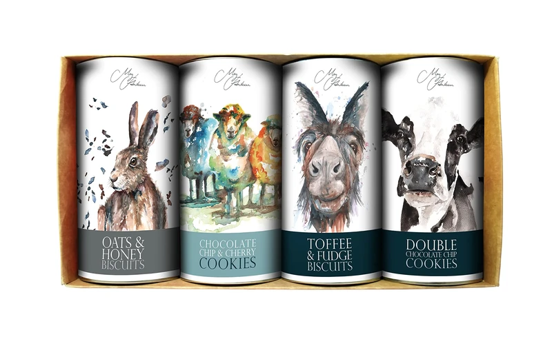 Meg Hawkins Farrah's of Harrogate - 4 Drum Gift Set - Hare, Sheep, Donkey, Cow, 4 x 160 g